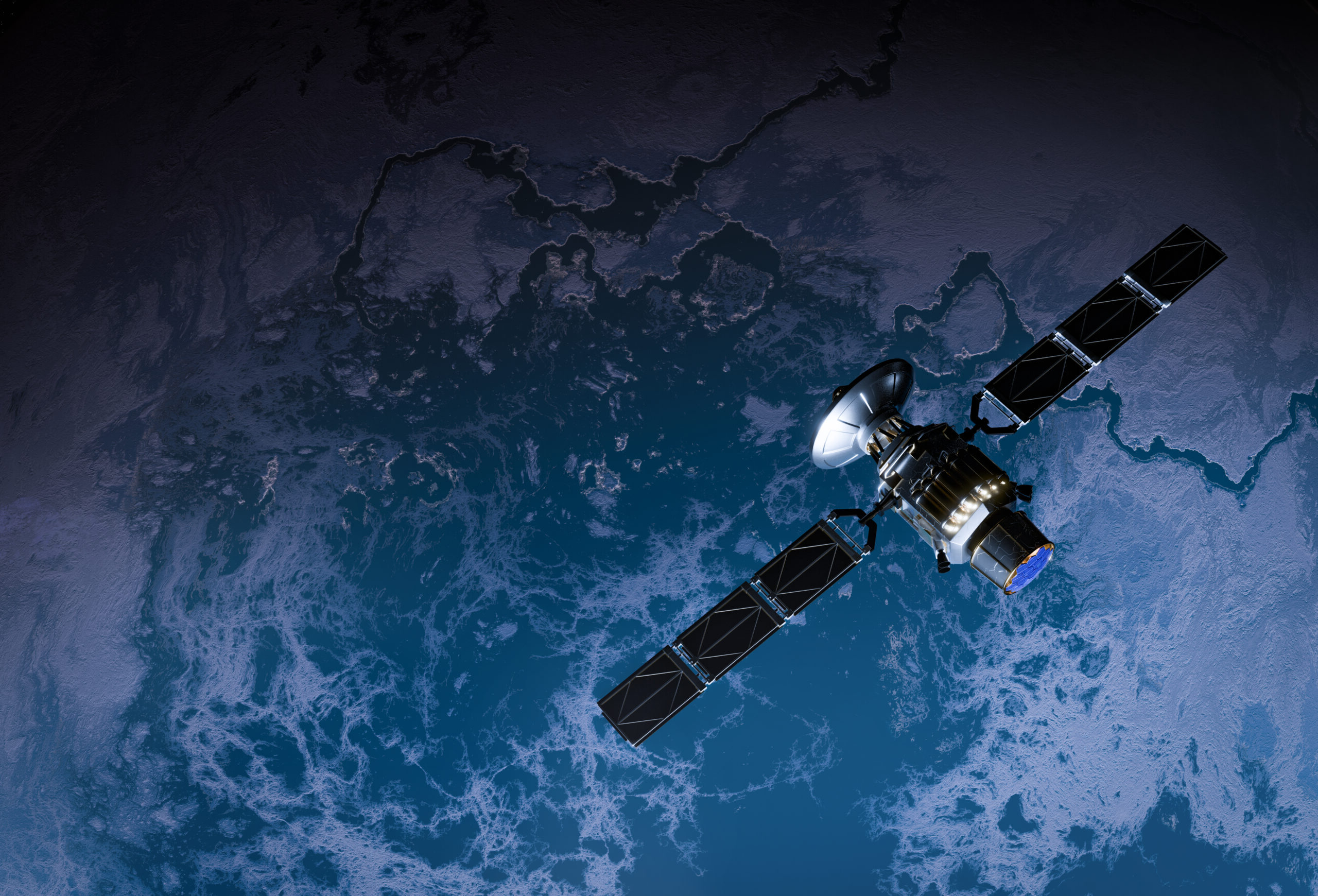 Satellite in Space over rocky planet 3D illustration